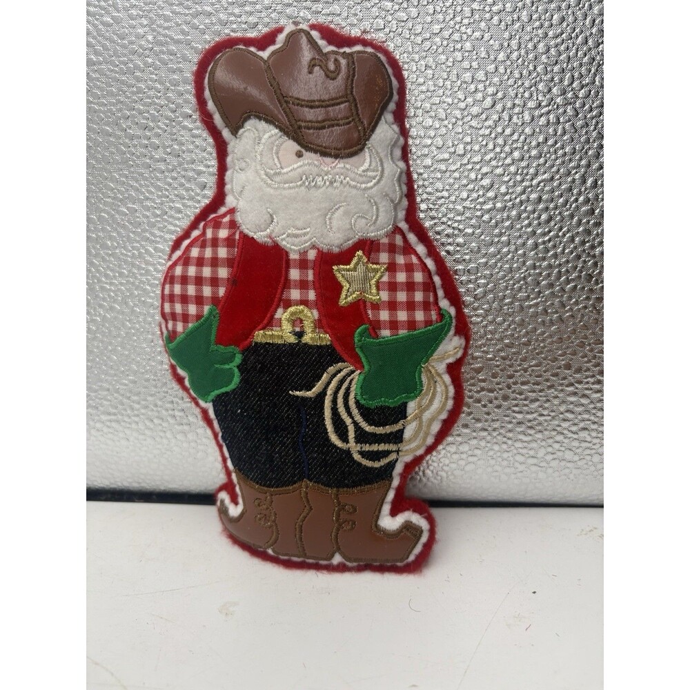 Western Santa Ornament Plush Cowboy Christmas Red Felt 5” Vintage